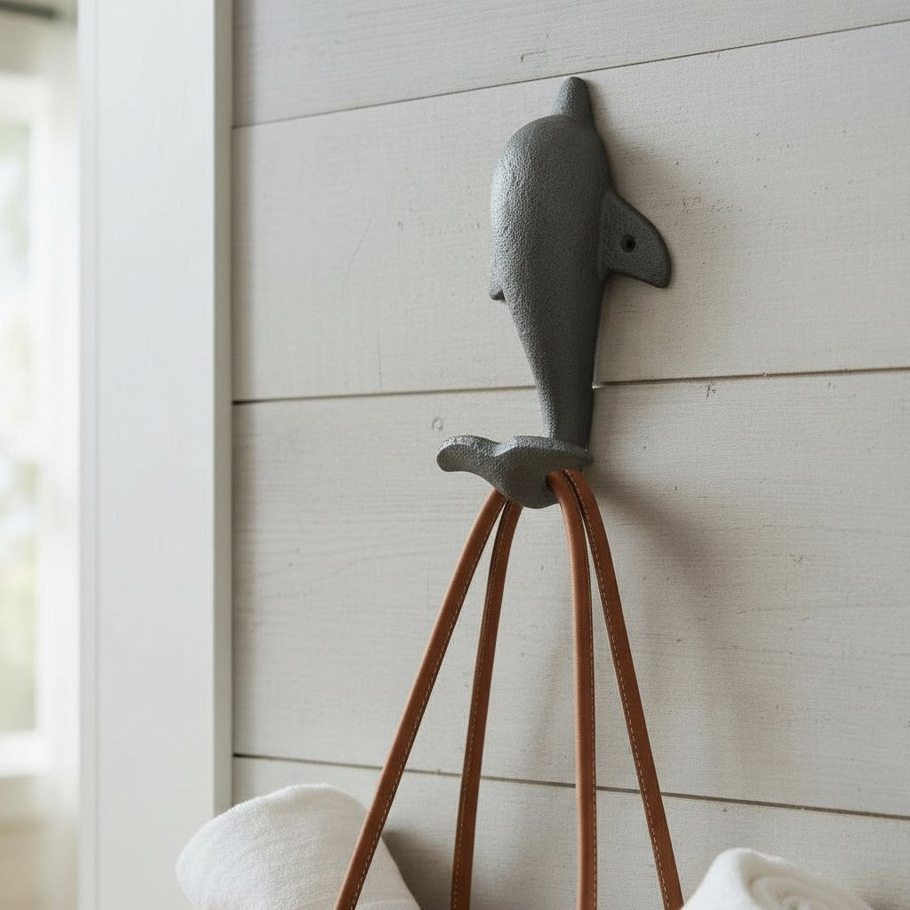 Dolphin Tail Wall Hook, Cast Iron Natural Finish for Keys or Towels