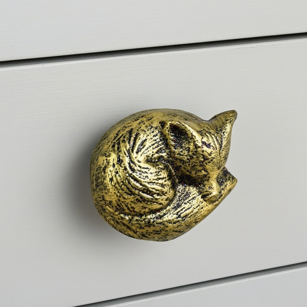 Fox Head Drawer Knob, Gold Cast Iron Cabinet Pull Hardware