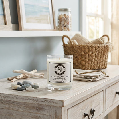 11oz Carolina Collection clear tumbler candle in a bright coastal home setting