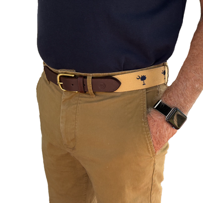 SC State Flag Palmetto Moon Belt Beige Navy Blue Embroidered Woven Web Award Winning Design