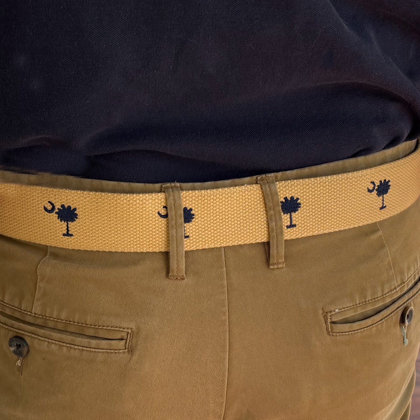 SC State Flag Palmetto Moon Belt Beige Navy Blue Embroidered Woven Web Award Winning Design