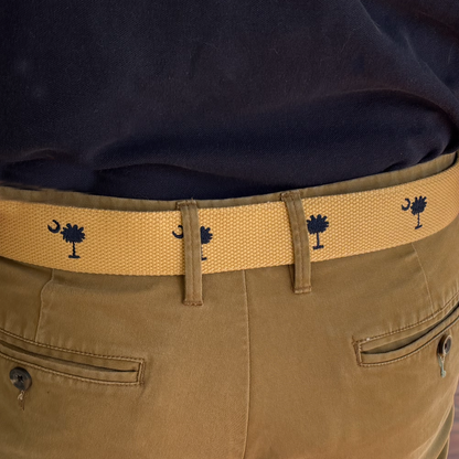 SC State Flag Palmetto Moon Belt Beige Navy Blue Embroidered Woven Web Award Winning Design