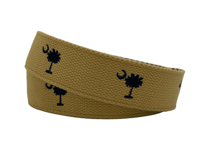 SC State Flag Palmetto Moon Belt Beige Navy Blue Embroidered Woven Web Award Winning Design