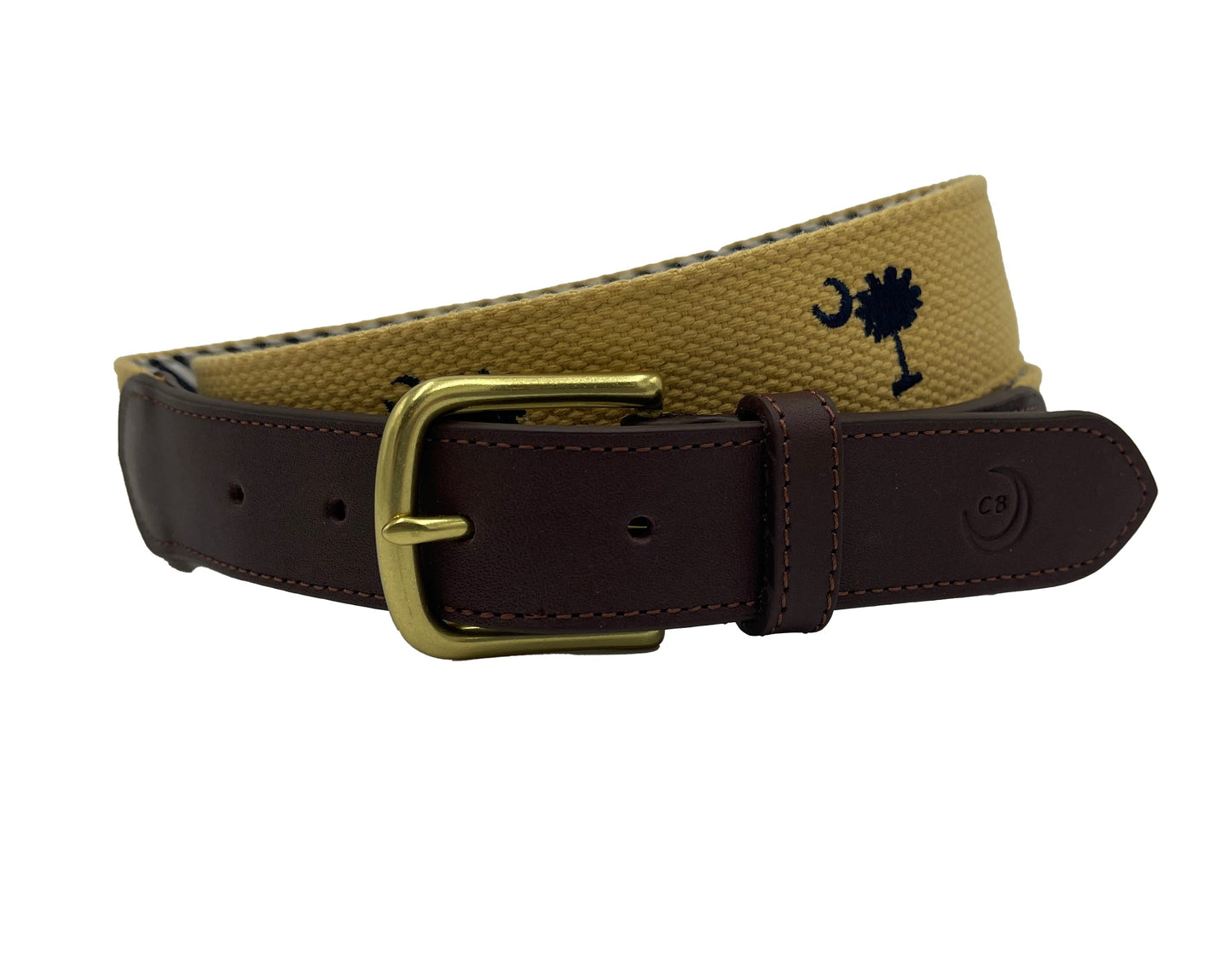 SC State Flag Palmetto Moon Belt Beige Navy Blue Embroidered Woven Web Award Winning Design