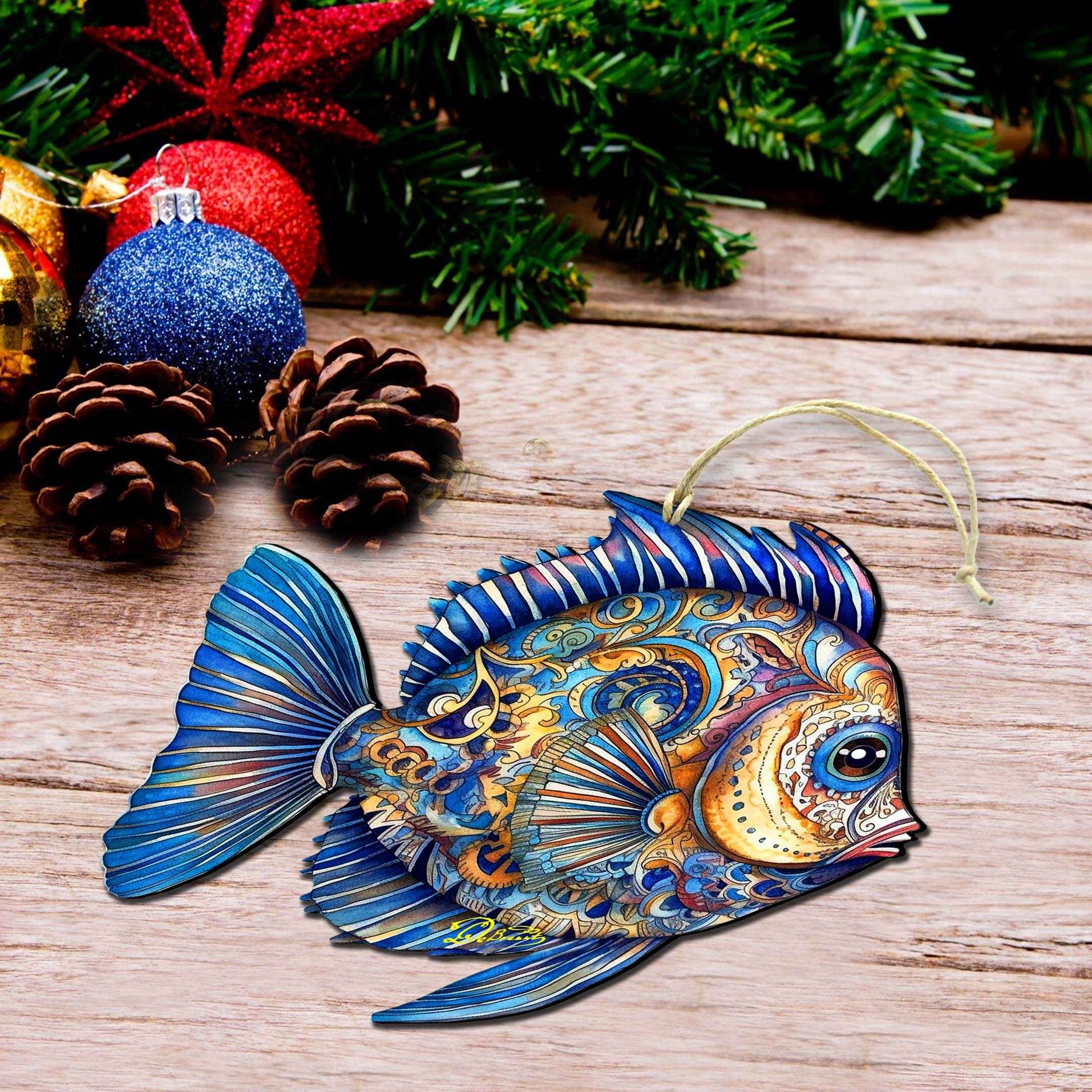 Holiday Coastal Ornaments - Turquoise Tide Fish Wooden Ornaments by G.Debrekht Coastal Holiday Decor - 8688305