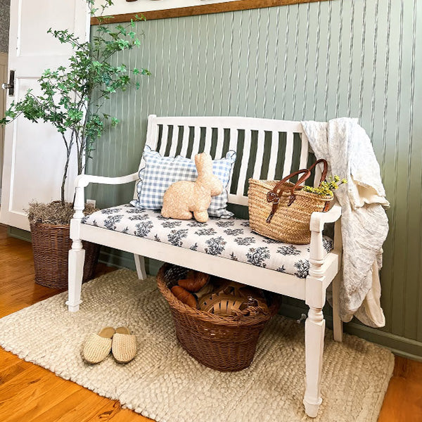 Vintage-Inspired Wooden Bench with Upholstered Seat