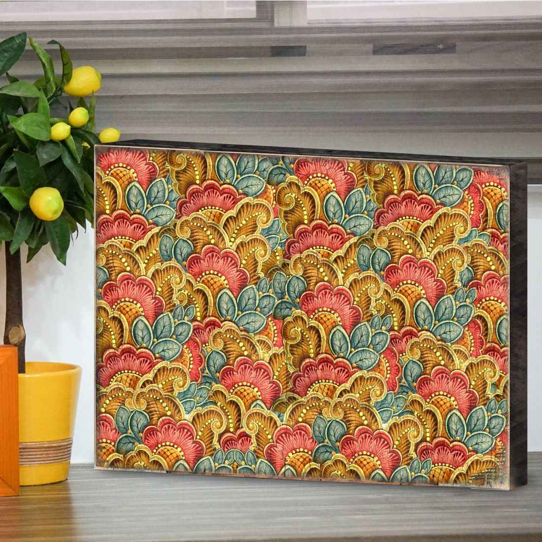 Gold Red Blue Floral Rustic Wall Block by G. DeBrekht - Floral Ornamental Decor - 95019B