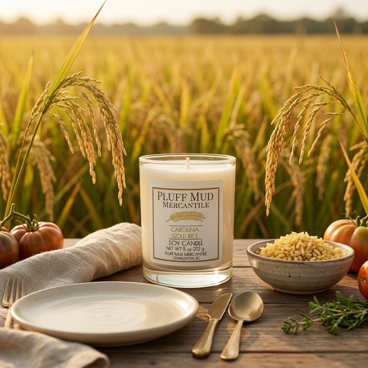 Carolina Gold Rice candle on a rustic farm table with golden rice fields
