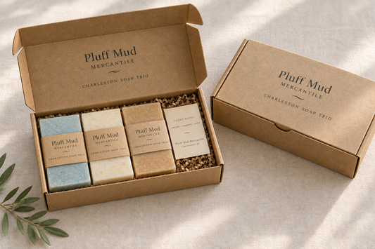 Charleston soap trio mockup with narrower bars inside the kraft fold-over box
