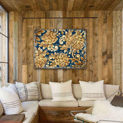Gold Floral Art on Navy Blue Rustic Wooden Wall Art by G. DeBrekht - Floral Ornamental Decor - 95014B