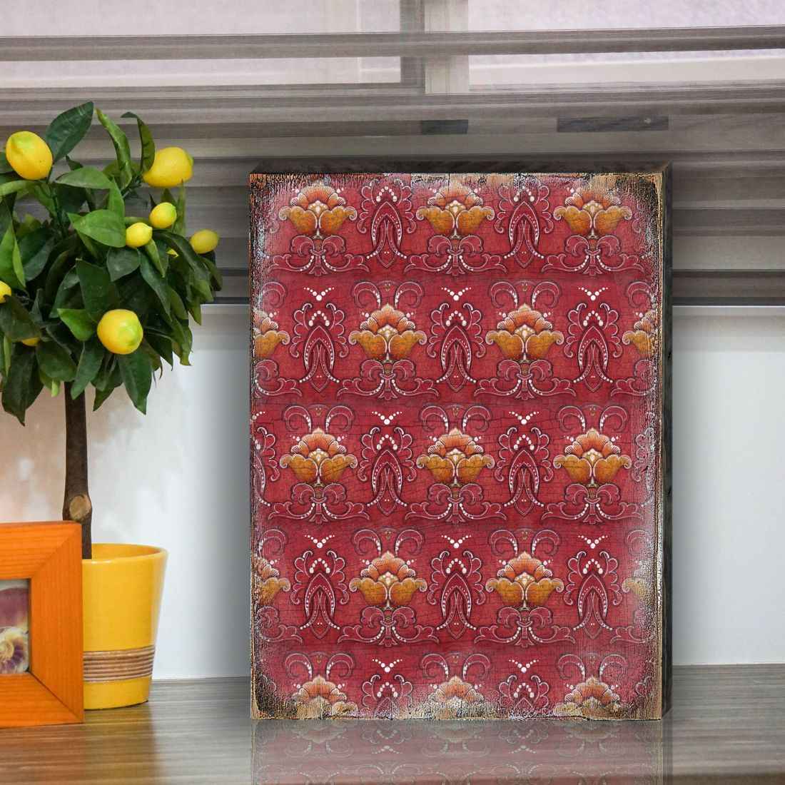 Red and Gold Rustic Wooden Wall Art by G. DeBrekht - Floral Ornamental Decor - 95015B