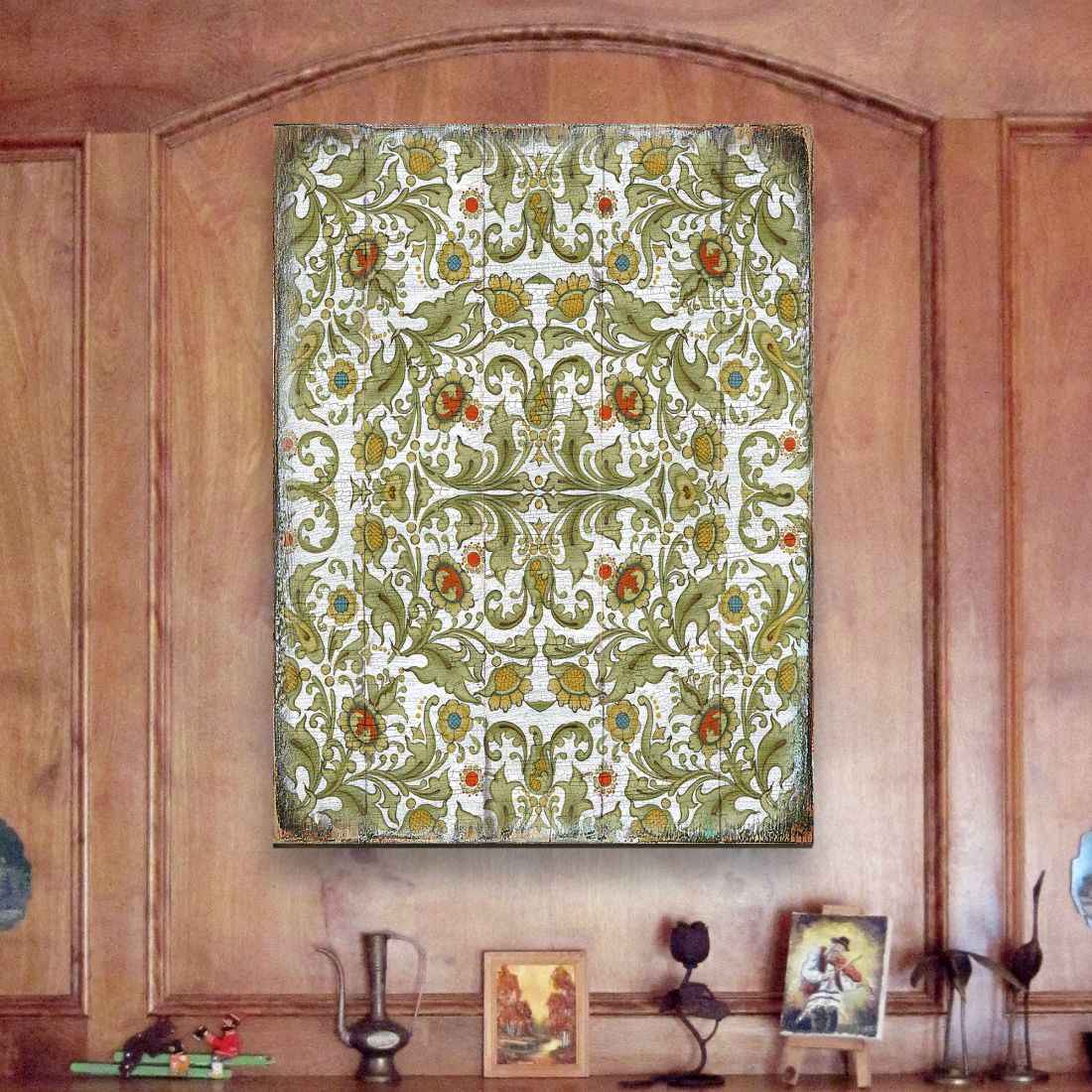 Gold and Green Floral Rustic Wooden Wall Art by G. DeBrekht - Floral Ornamental Decor - 95011B