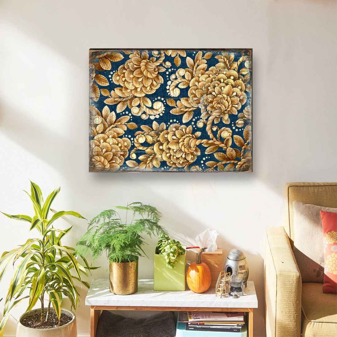 Gold Floral Art on Navy Blue Rustic Wooden Wall Art by G. DeBrekht - Floral Ornamental Decor - 95014B