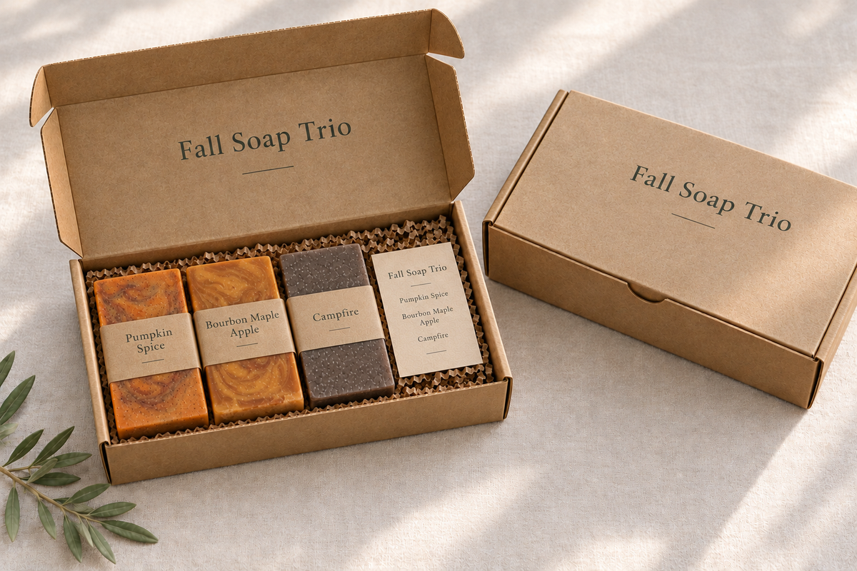 Fall Soap Trio packaging concept with Charleston-matched box layout and scent card
