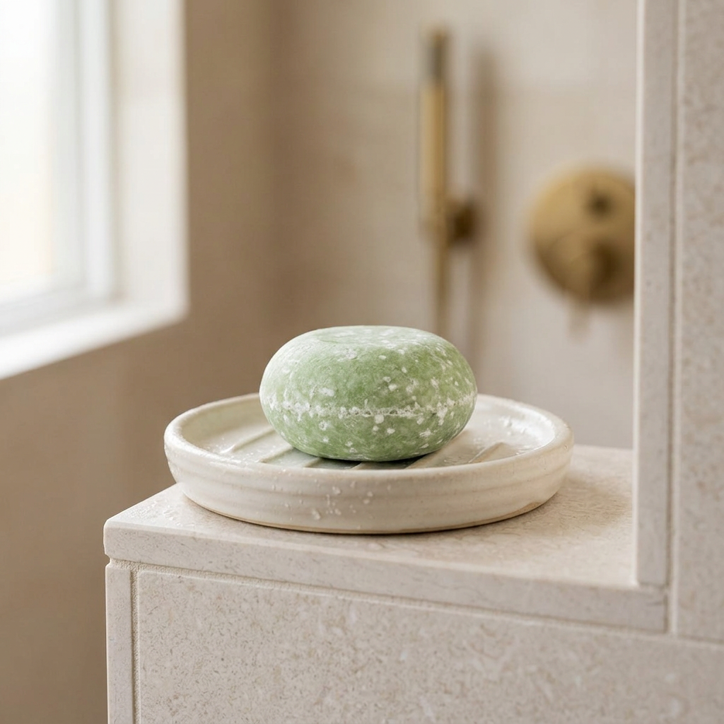 Green shampoo bar in a bathroom shower