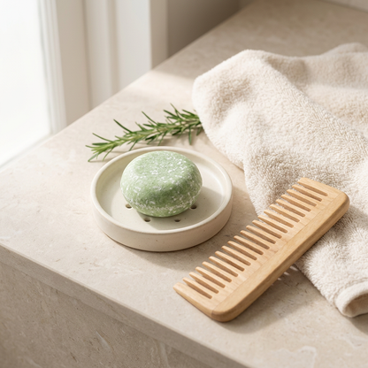 Green shampoo bar with a hair towel and wooden comb