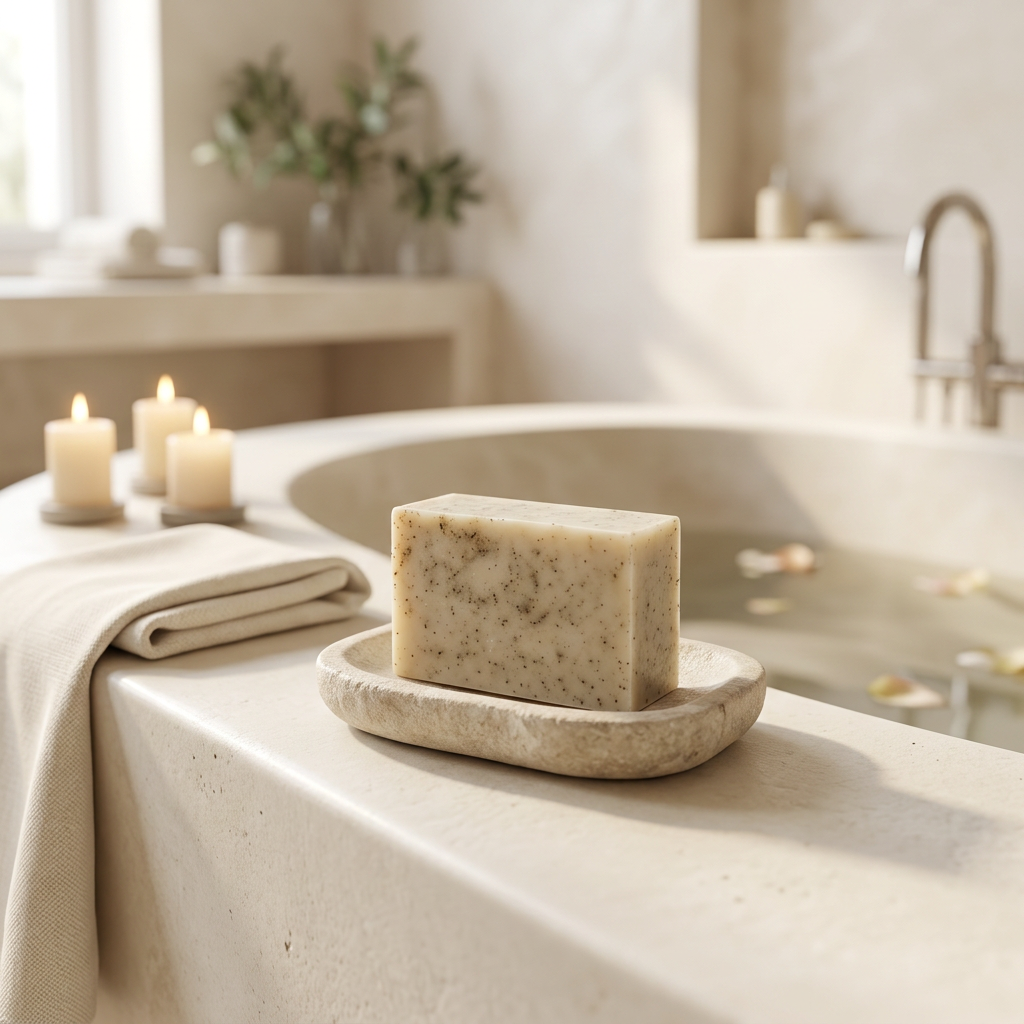 Rosemary soap beside an ivory bathtub and candles