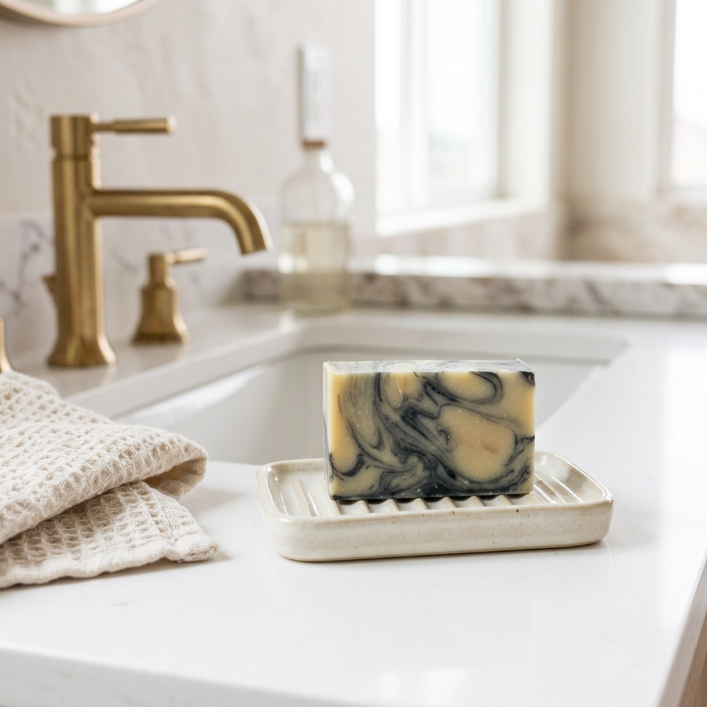 Turmeric Swirl soap on a dish beside a bathroom sink