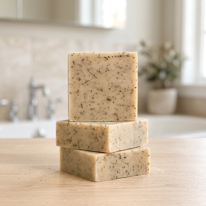 Three stacked ivory botanical-speckled rosemary soap bars