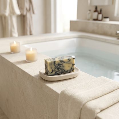 Turmeric Swirl soap beside an ivory bathtub with candles