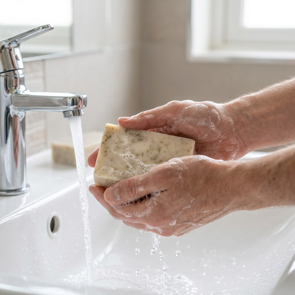Hands washing with rosemary soap, bubbles and running water