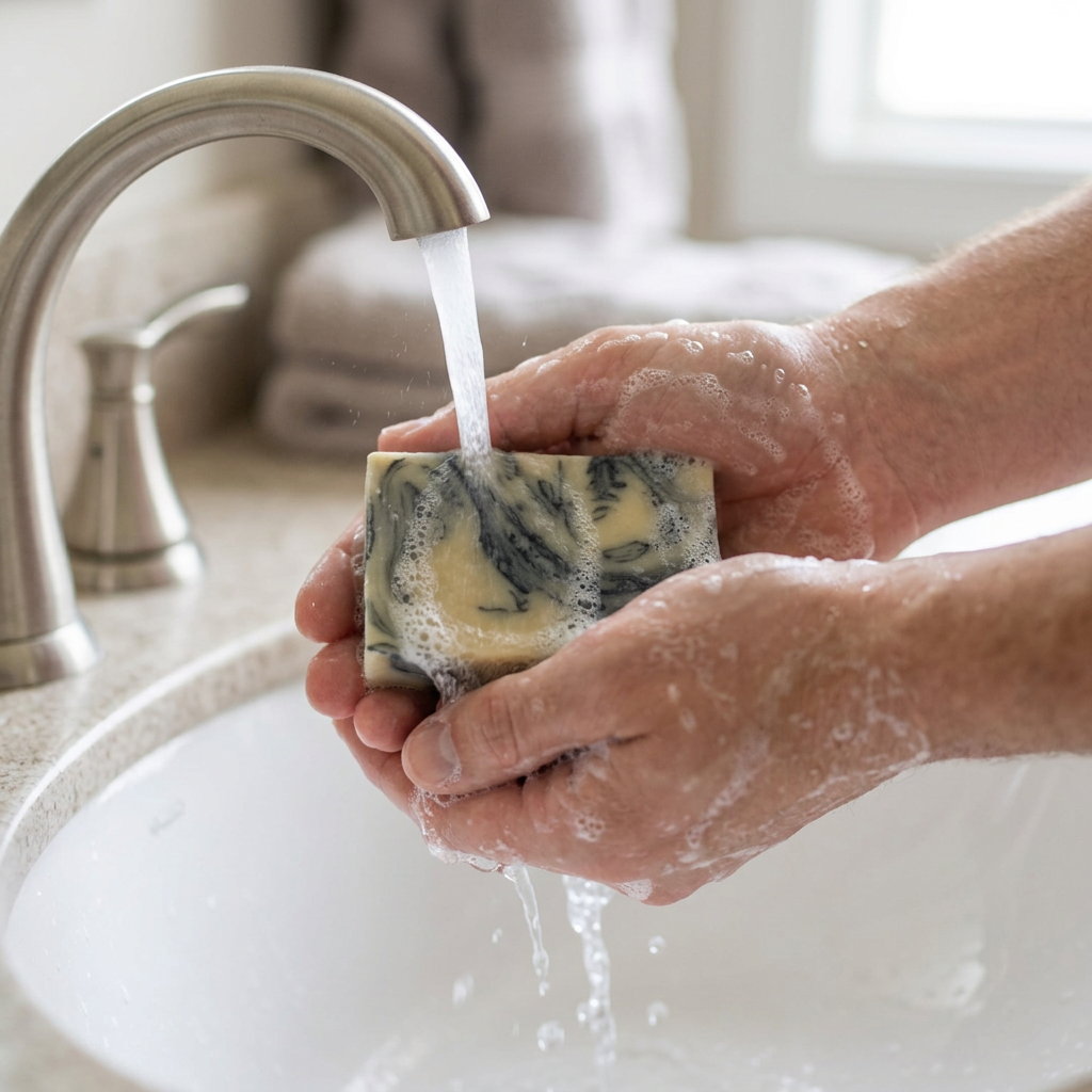 Hands washing with Turmeric Swirl soap under running water