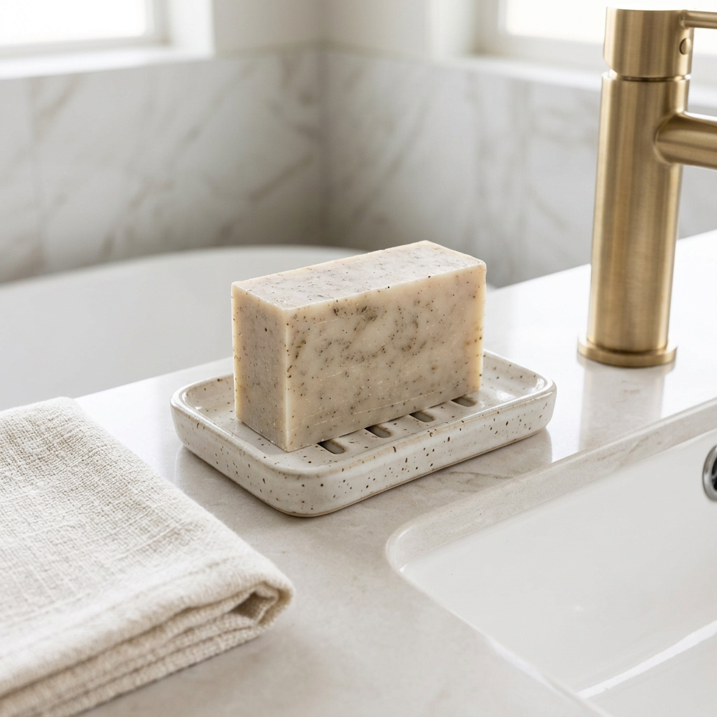 Rosemary herbal soap on a dish beside a bathroom sink