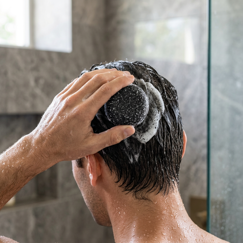 Juniper Pine shampoo bar being used on wet hair
