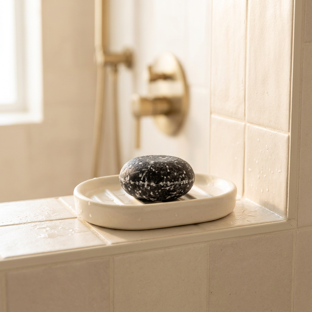 Juniper Pine shampoo bar in a bathroom shower
