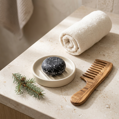 Juniper Pine shampoo bar with a hair towel and wooden comb