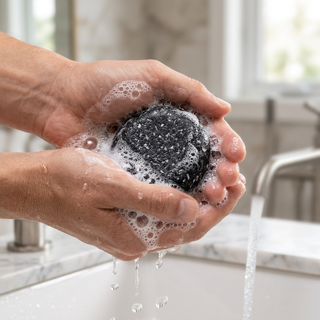 Lathering a shampoo bar with running water