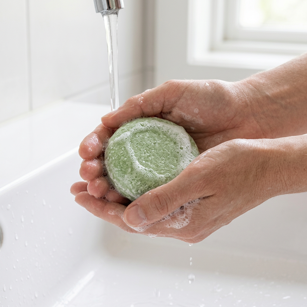 Lathering the green shampoo bar under running water