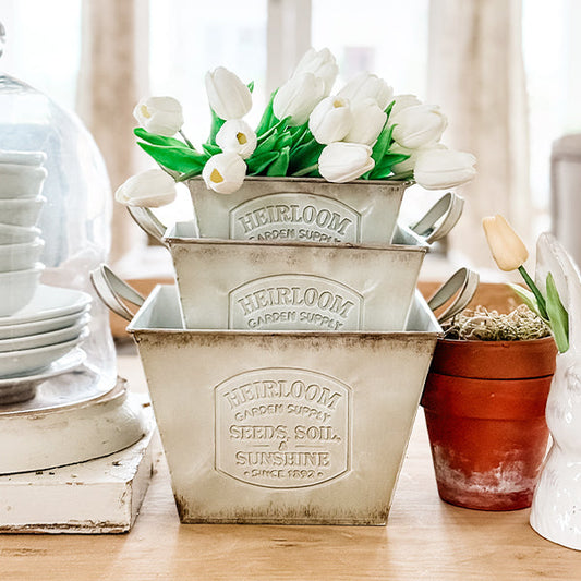 Vintage Inspired Heirloom Garden Supply Metal Planters, Set of Three