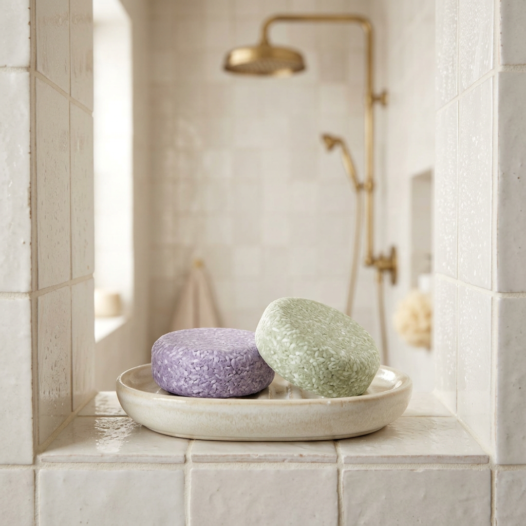 Shampoo bars in a bathroom shower niche