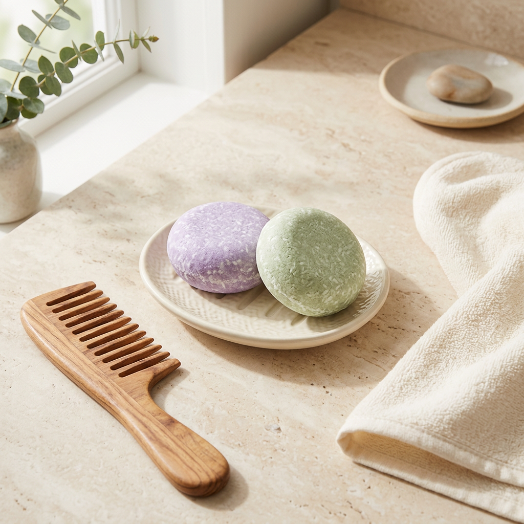 Shampoo bars with a hair towel and wooden comb