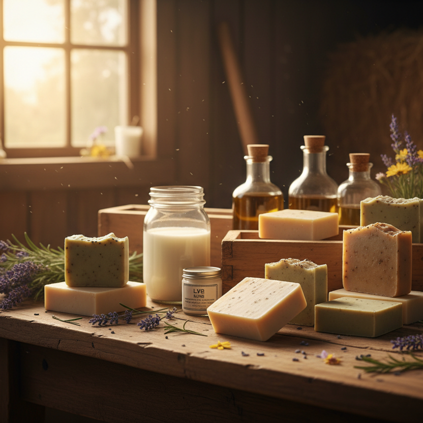 A rustic arrangement of handmade soap bars and a glass jar of milk-like product on a wooden table, surrounded by lavender, flowers, and bottles in a warm, sunlit barn setting.