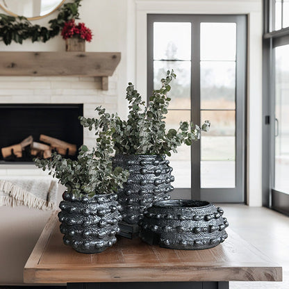 Handcrafted Textured Outdoor Matte Black Planters, Set of 3