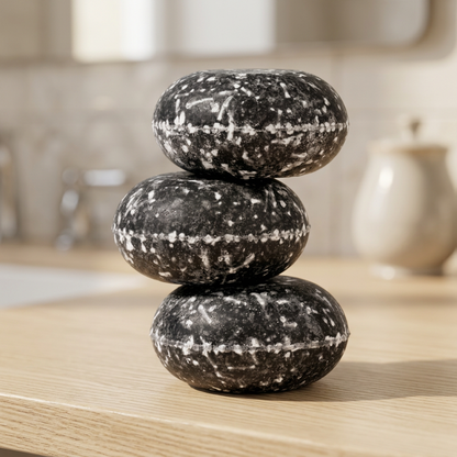 Three stacked charcoal Juniper Pine shampoo bars