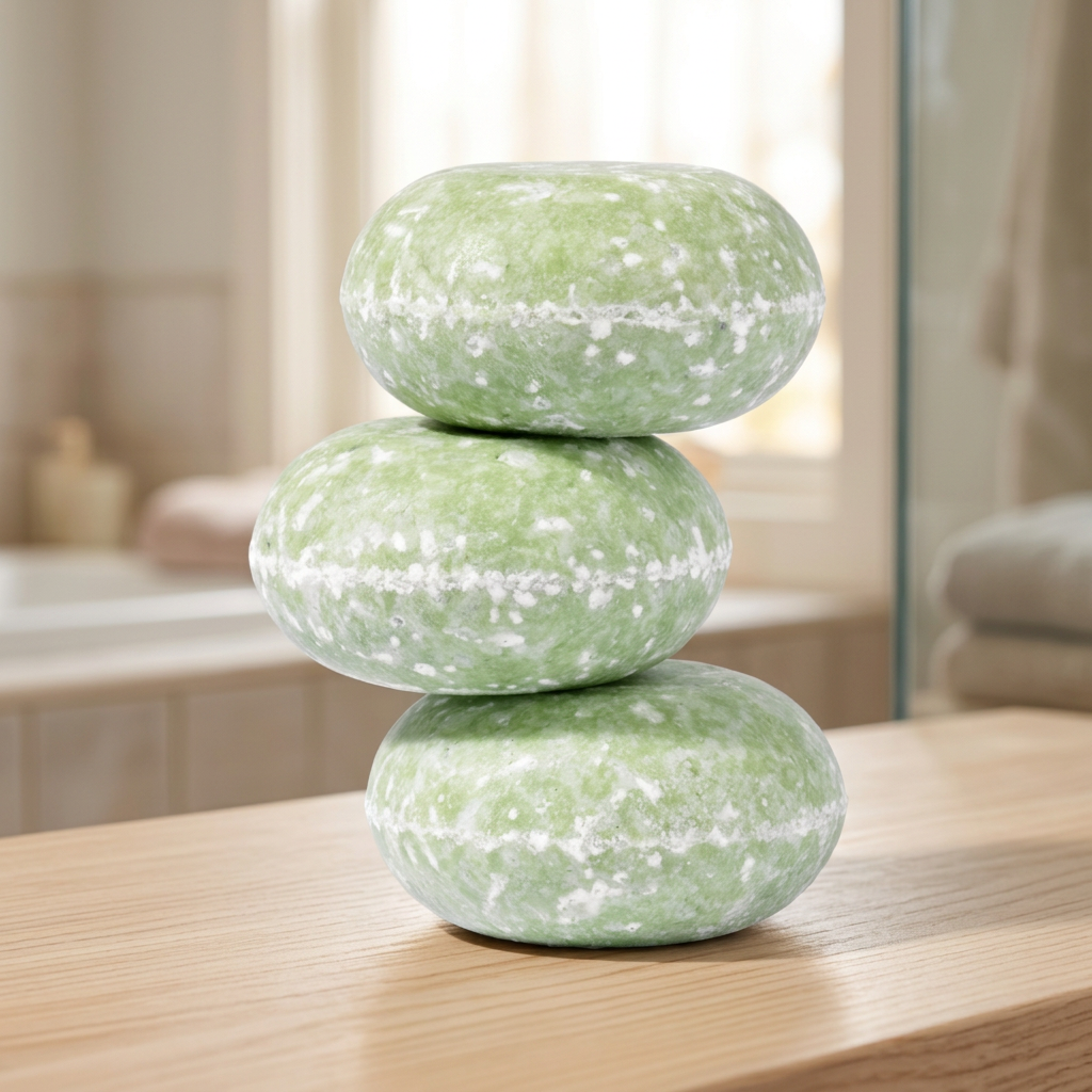 Three stacked pale green shampoo bars